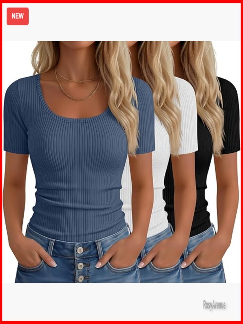 3 Pack Fitted Ribbed Scoop Neck Tees, Slim Short Sleeve Tops, Summer Blouses
